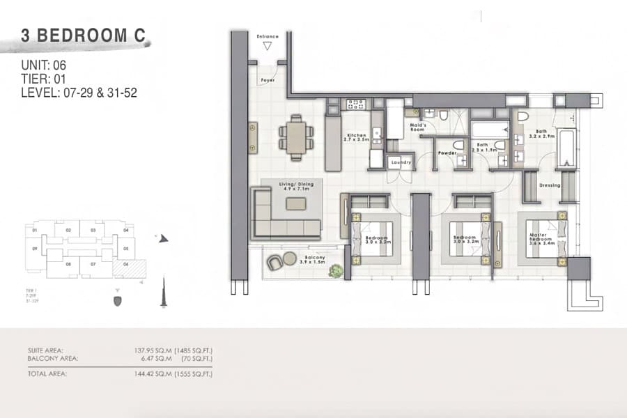Forte 1, 3-Bed Floor Plan, type: C Unit 06