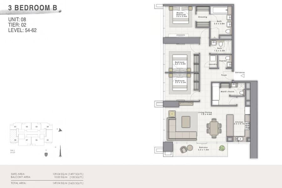 Forte 1, 3-Bed Floor Plan, type: B Unit 08