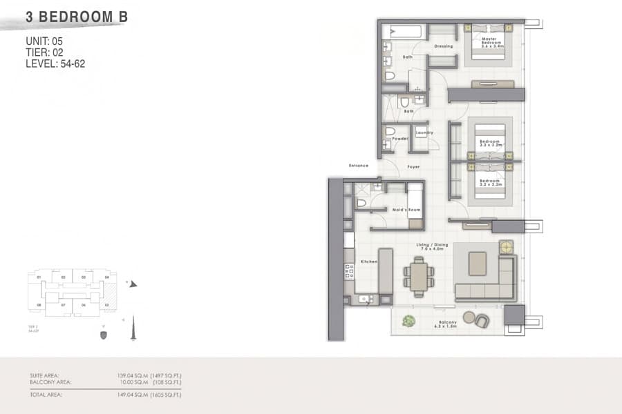 Forte 1, 3-Bed Floor Plan, type: B Unit 05