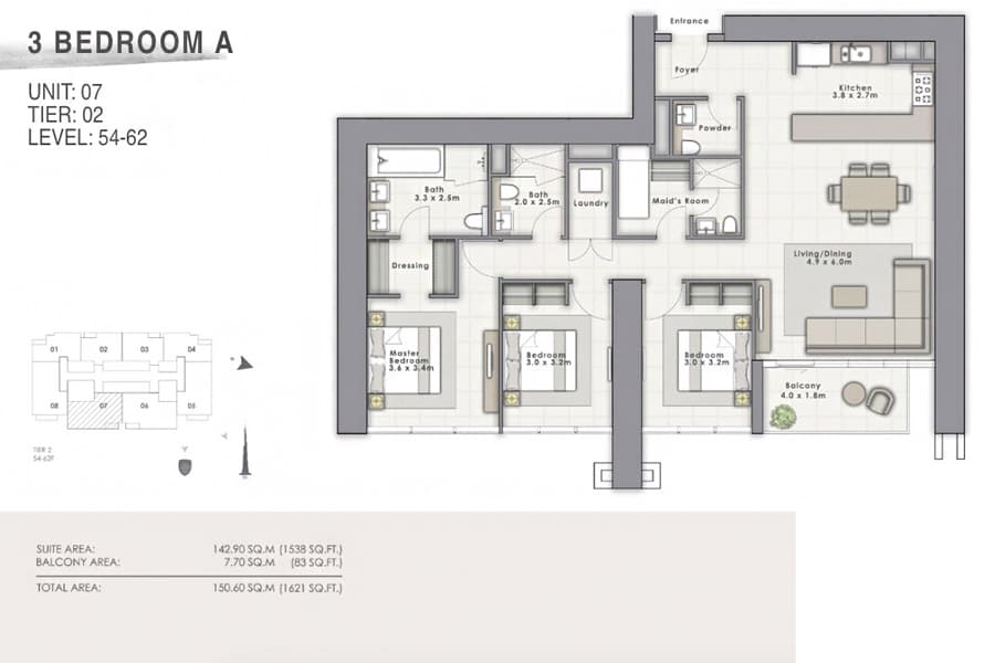 Forte 1, 3-Bed Floor Plan, type: A Unit 07