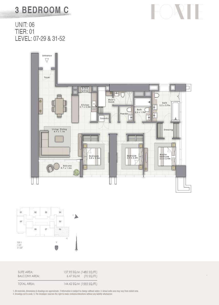 Forte 2, 3-Bed Floor Plan, type: C Unit 06