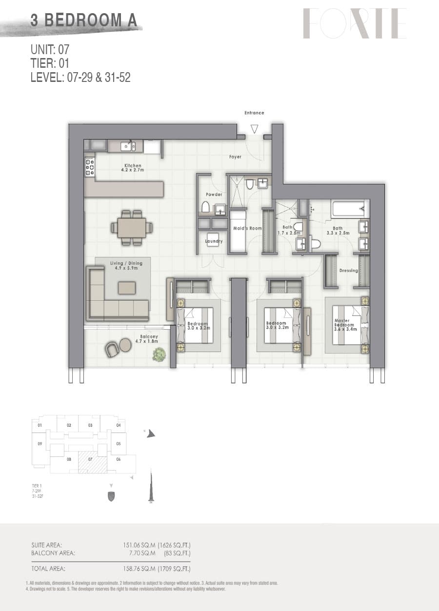 Forte 2, 3-Bed Floor Plan, type: A Unit 07