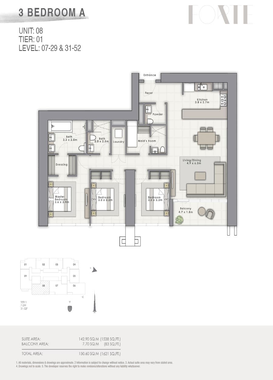 Forte 2, 3-Bed Floor Plan, type: A Unit 08