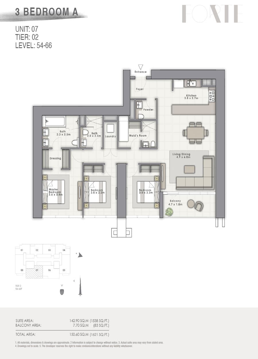 Forte 2, 3-Bed Floor Plan, type: A Unit 07