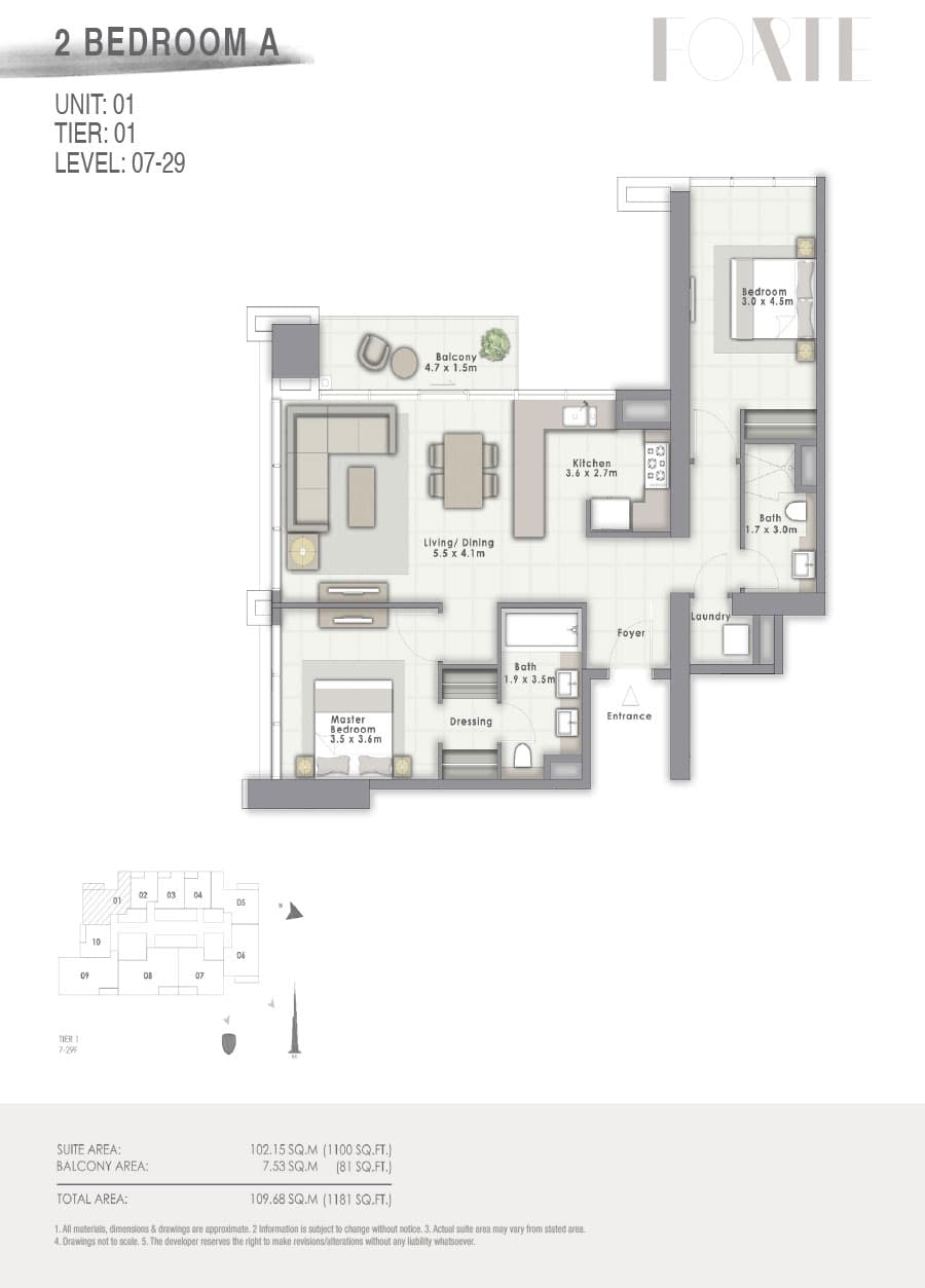 Forte 2, 2-Bed Floor Plan, type: A Unit 01