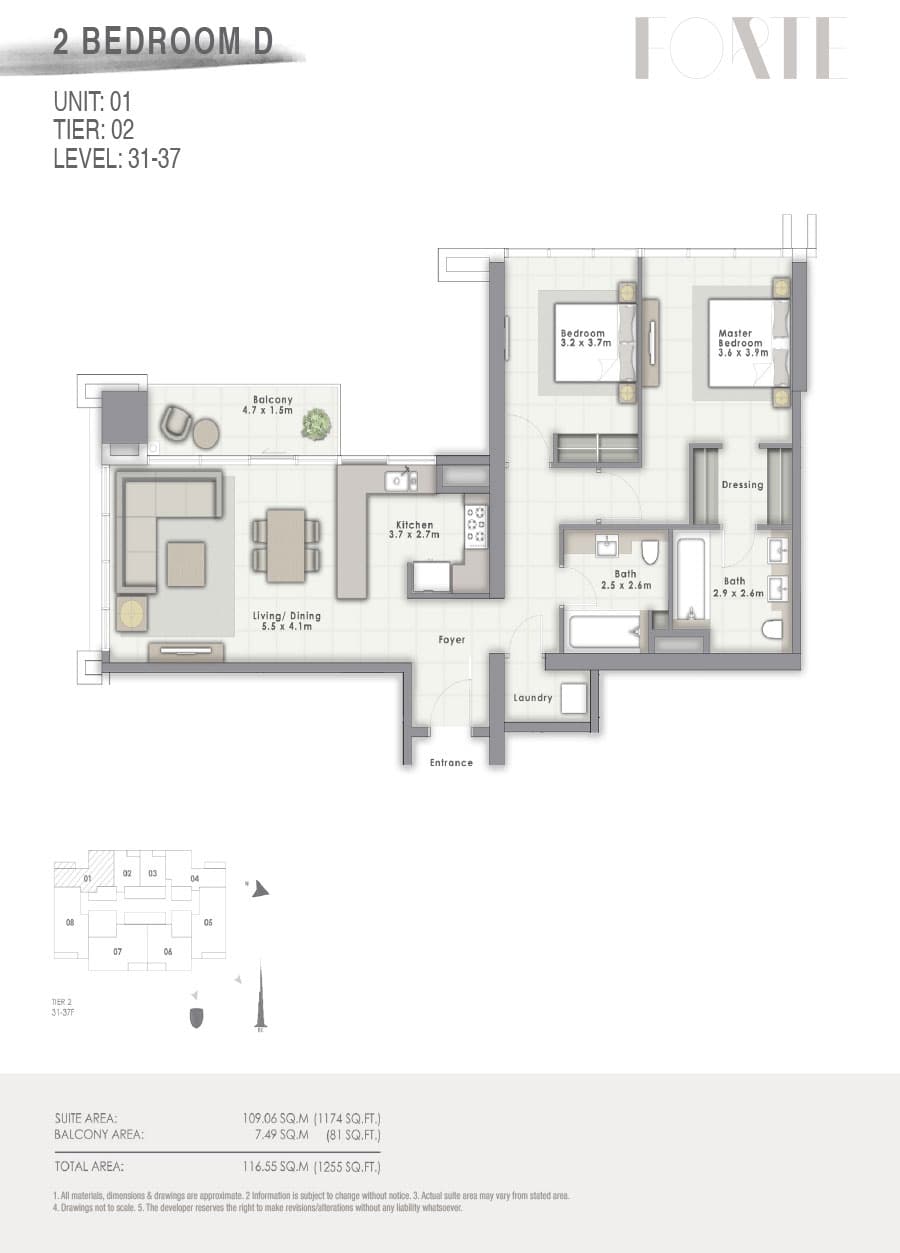 Forte 2, 2-Bed Floor Plan, type: D Unit 01