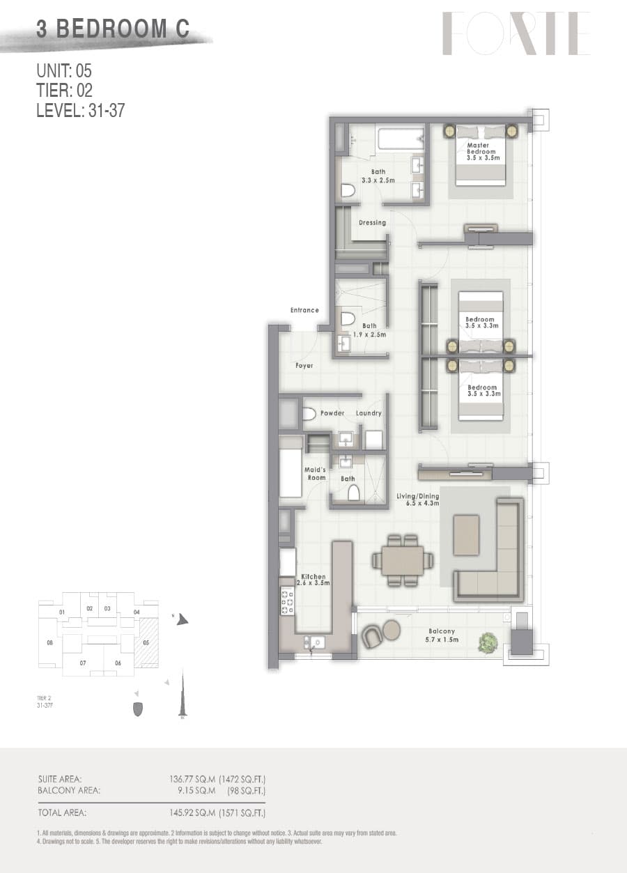 Forte 2, 3-Bed Floor Plan, type: C Unit 05