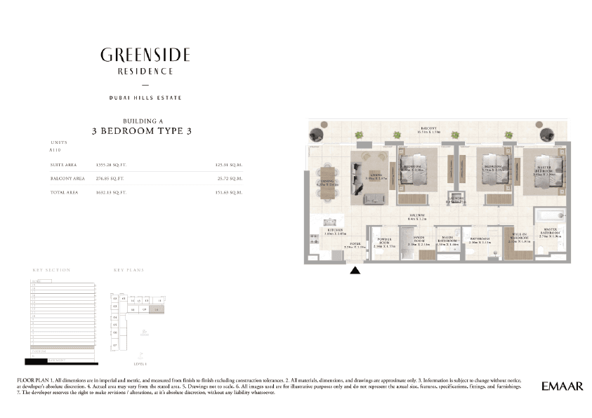 Greenside Residence Building A, 3-Bed Floor Plan, type: