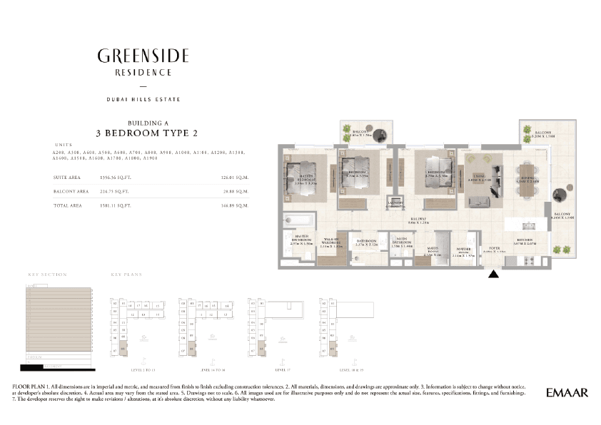 Greenside Residence Building A, 3-Bed Floor Plan, type: