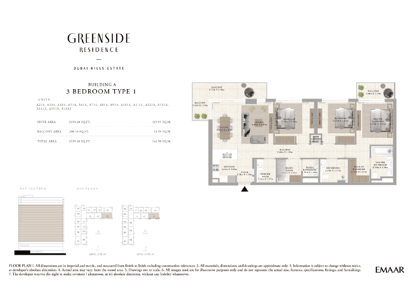 Greenside Residence Building A, 3-Bed Floor Plan, type: