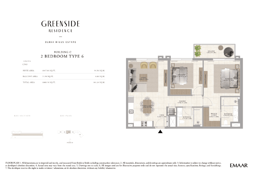 Greenside Residence Building A, 2-Bed Floor Plan, type: