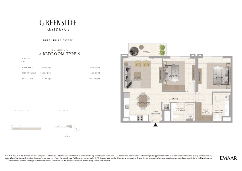 Greenside Residence Building A, 2-Bed Floor Plan, type: