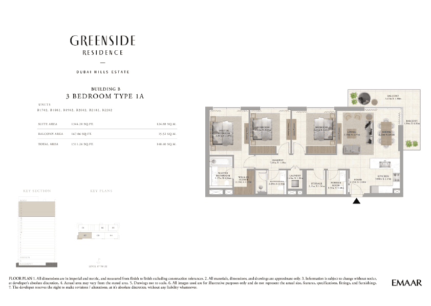 Greenside Residence Building A, 3-Bed Floor Plan, type: