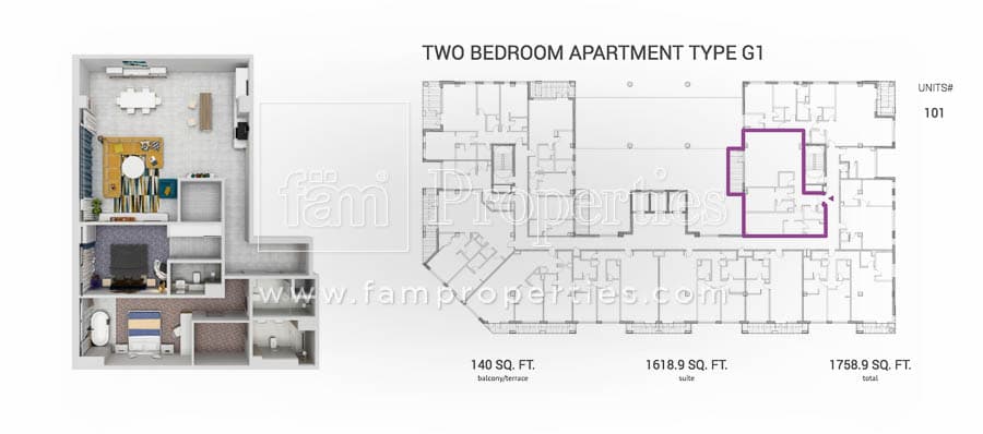 Grenland Residence, 2-Bed Floor Plan, type: 2 BD Type G1