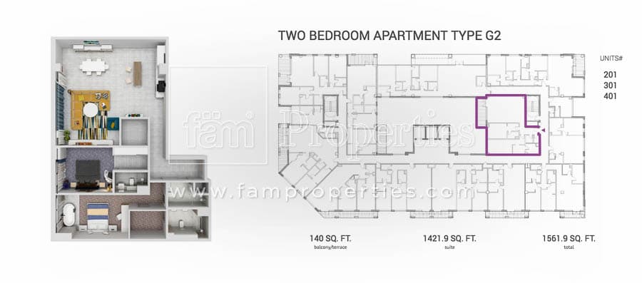 Grenland Residence, 2-Bed Floor Plan, type: 2 BD Type G2