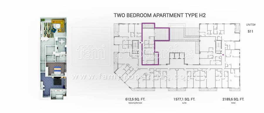 Grenland Residence, 2-Bed Floor Plan, type: 2 BD Type H2