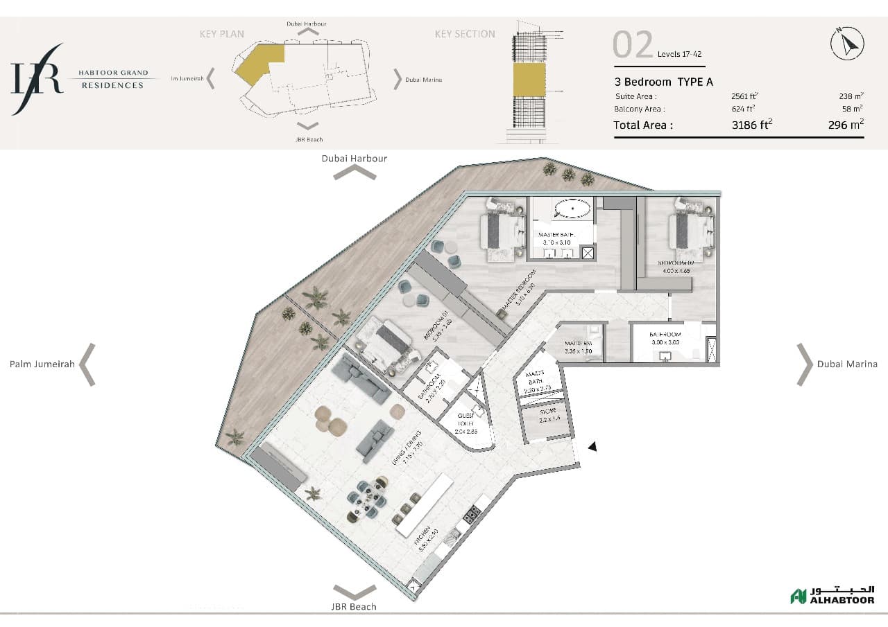 Habtoor Grand Residences, 3-Bed Floor Plan, type: Type A