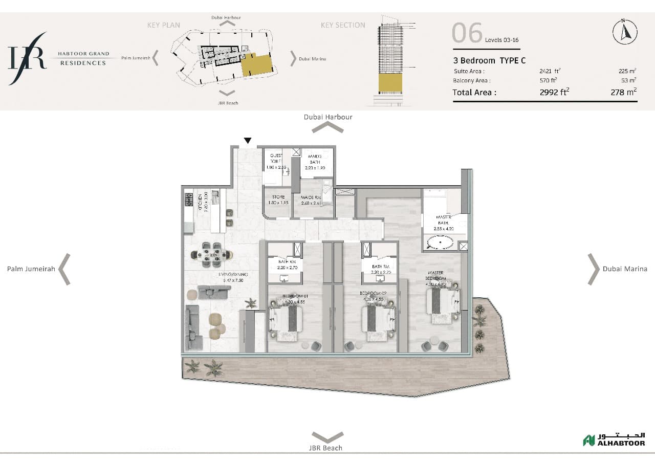 Habtoor Grand Residences, 3-Bed Floor Plan, type: Type C