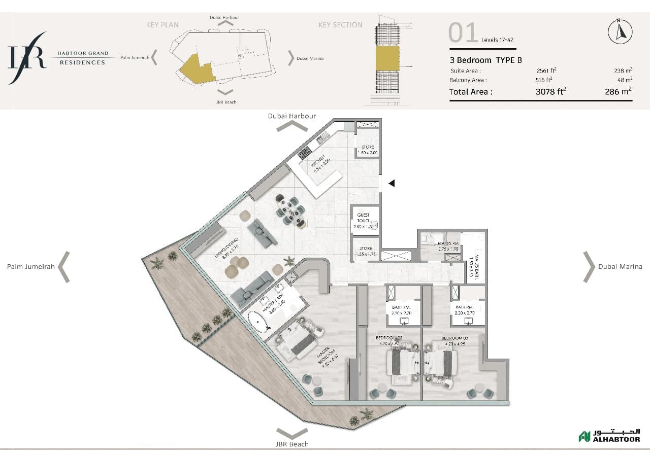 Habtoor Grand Residences, 3-Bed Floor Plan, type: Type B
