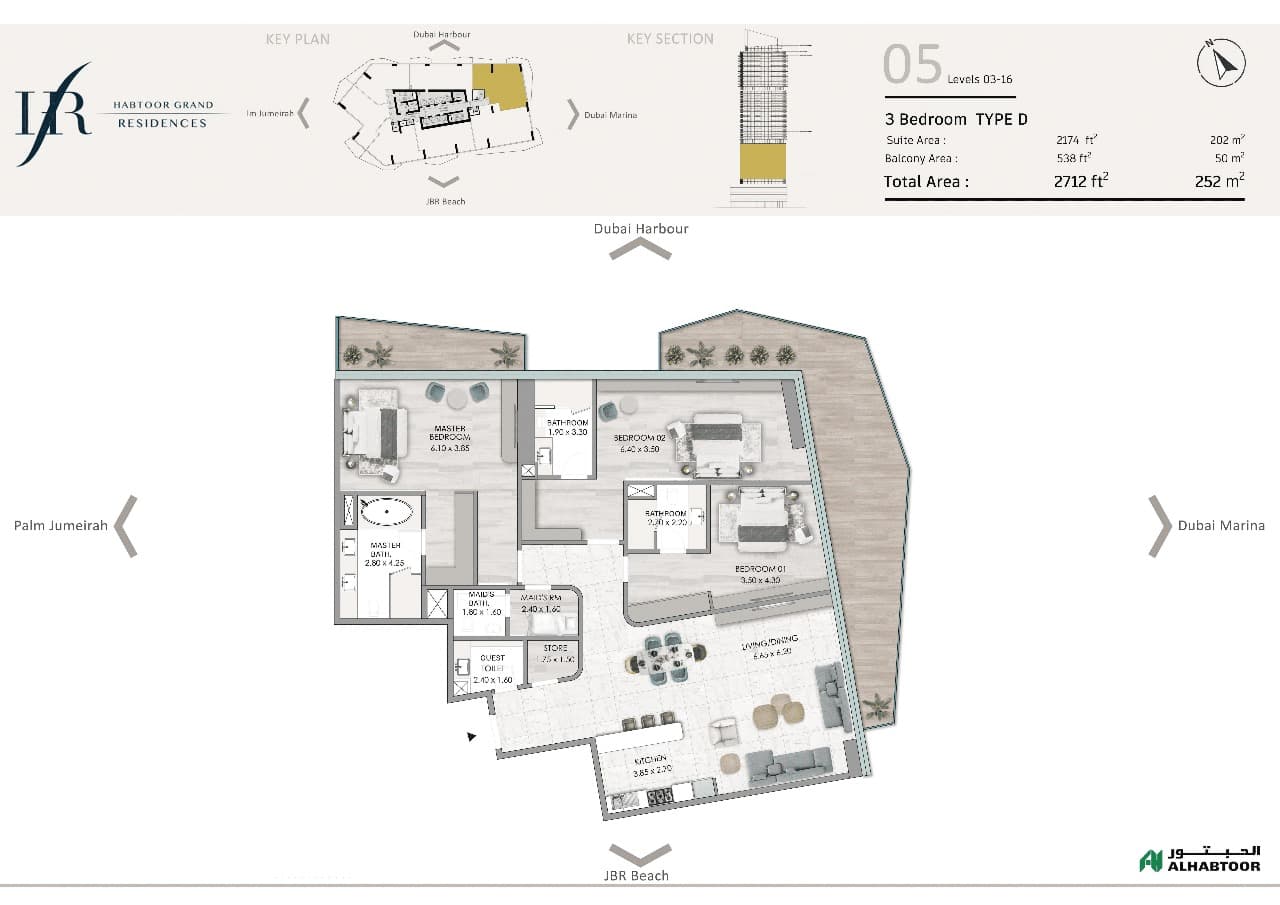 Habtoor Grand Residences, 3-Bed Floor Plan, type: Type D