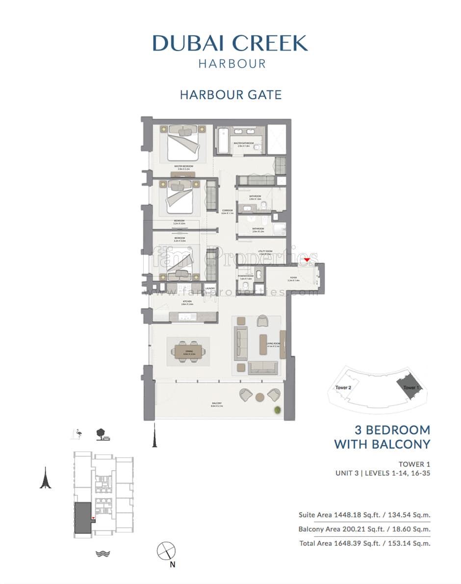Harbour Gate Tower 1, 3-Bed Floor Plan, type: 3 Bedroom