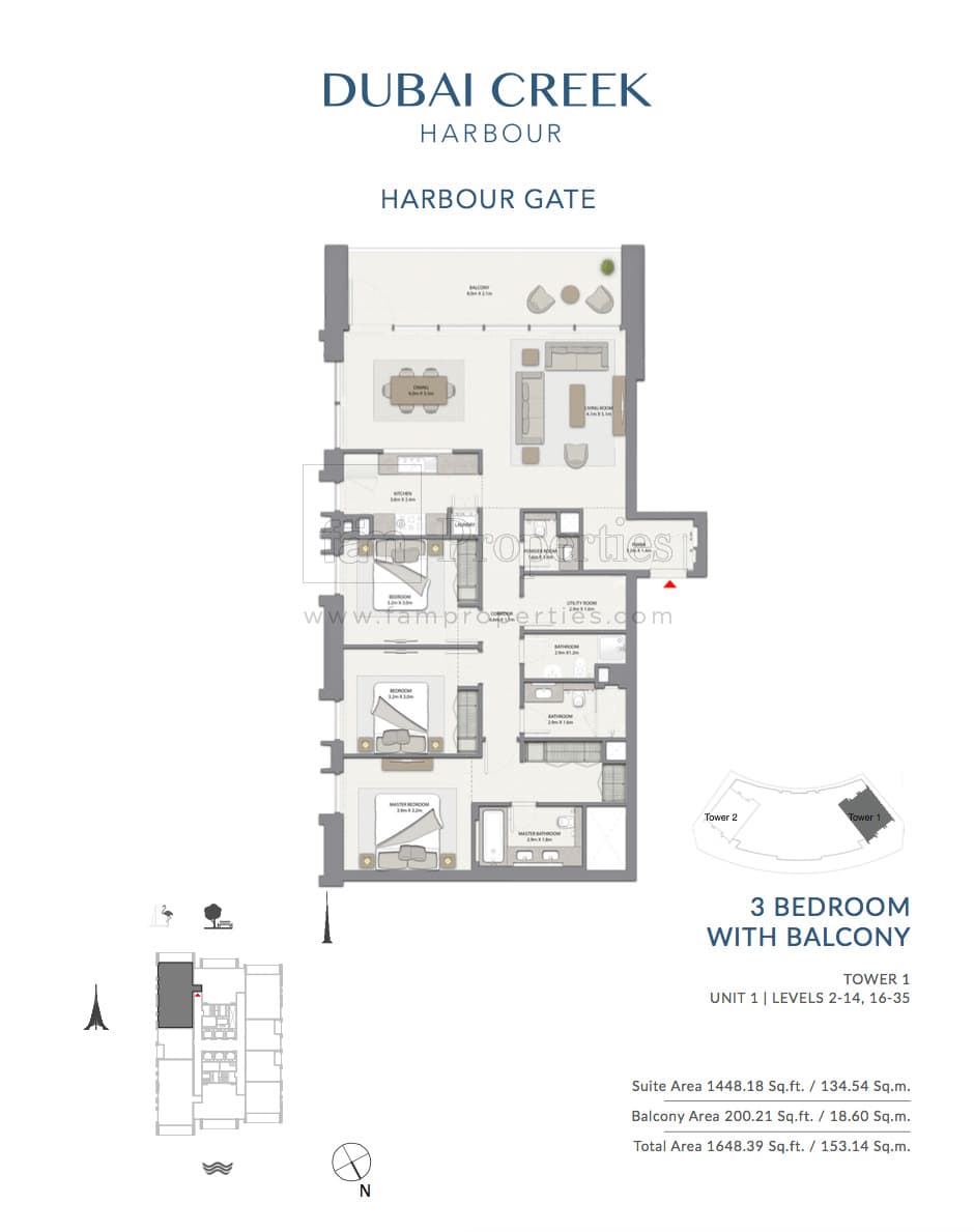 Harbour Gate Tower 1, 3-Bed Floor Plan, type: 3 Bedroom