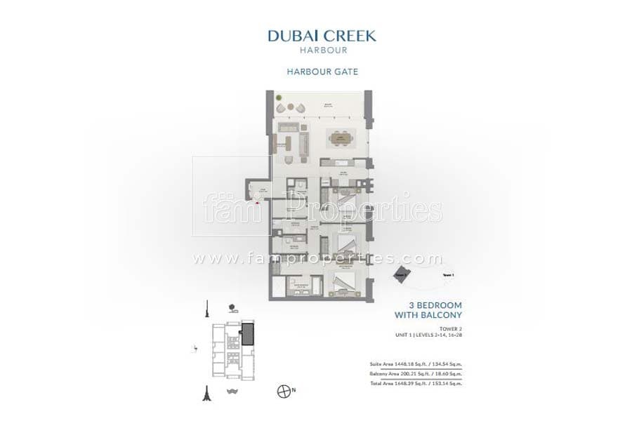 Harbour Gate Tower 2, 3-Bed Floor Plan, type: 3 Bedroom