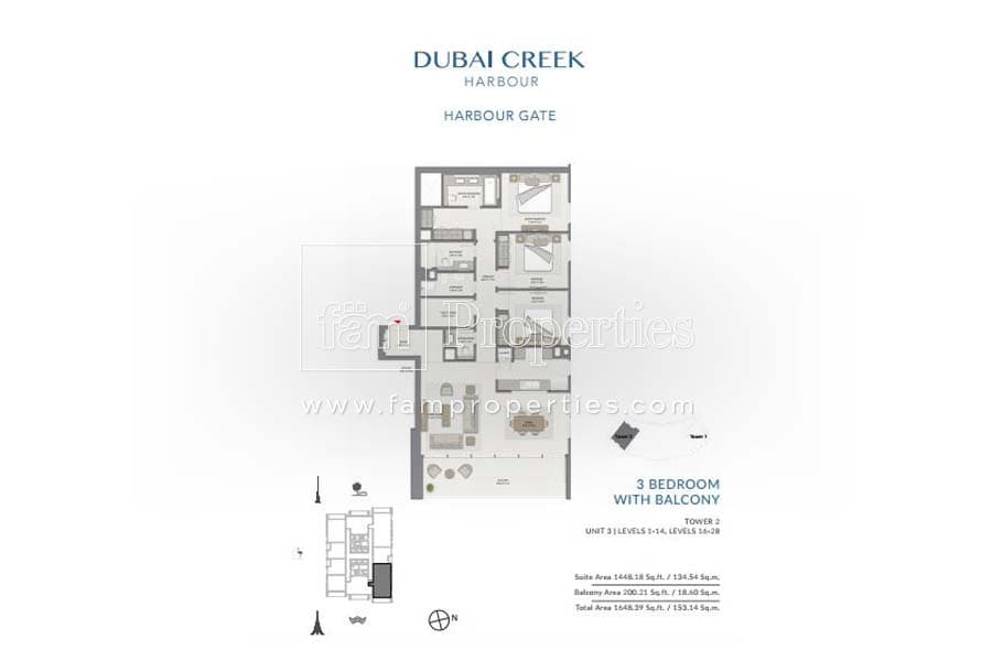 Harbour Gate Tower 2, 3-Bed Floor Plan, type: 3 Bedroom