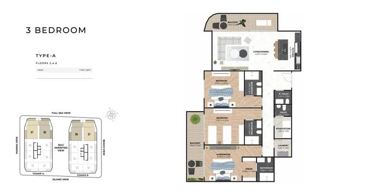 Hatimi Residences, 3-Bed Floor Plan, type: 3BR - Type A - FL 2, 4, 6