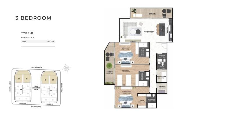 Hatimi Residences, 3-Bed Floor Plan, type: 3BR - Type B - FL 3, 5, 7