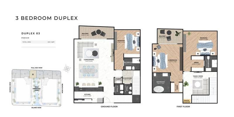 Hatimi Residences, 3-Bed Floor Plan, type: 3BR - Duplex 03 - Podium