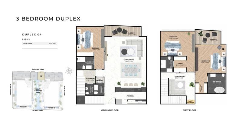 Hatimi Residences, 3-Bed Floor Plan, type: 3BR - Duplex 04 - Podium