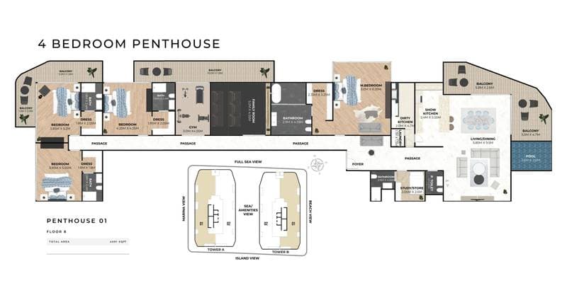 Hatimi Residences, 4-Bed Floor Plan, type: 4BR - Penthouse 01