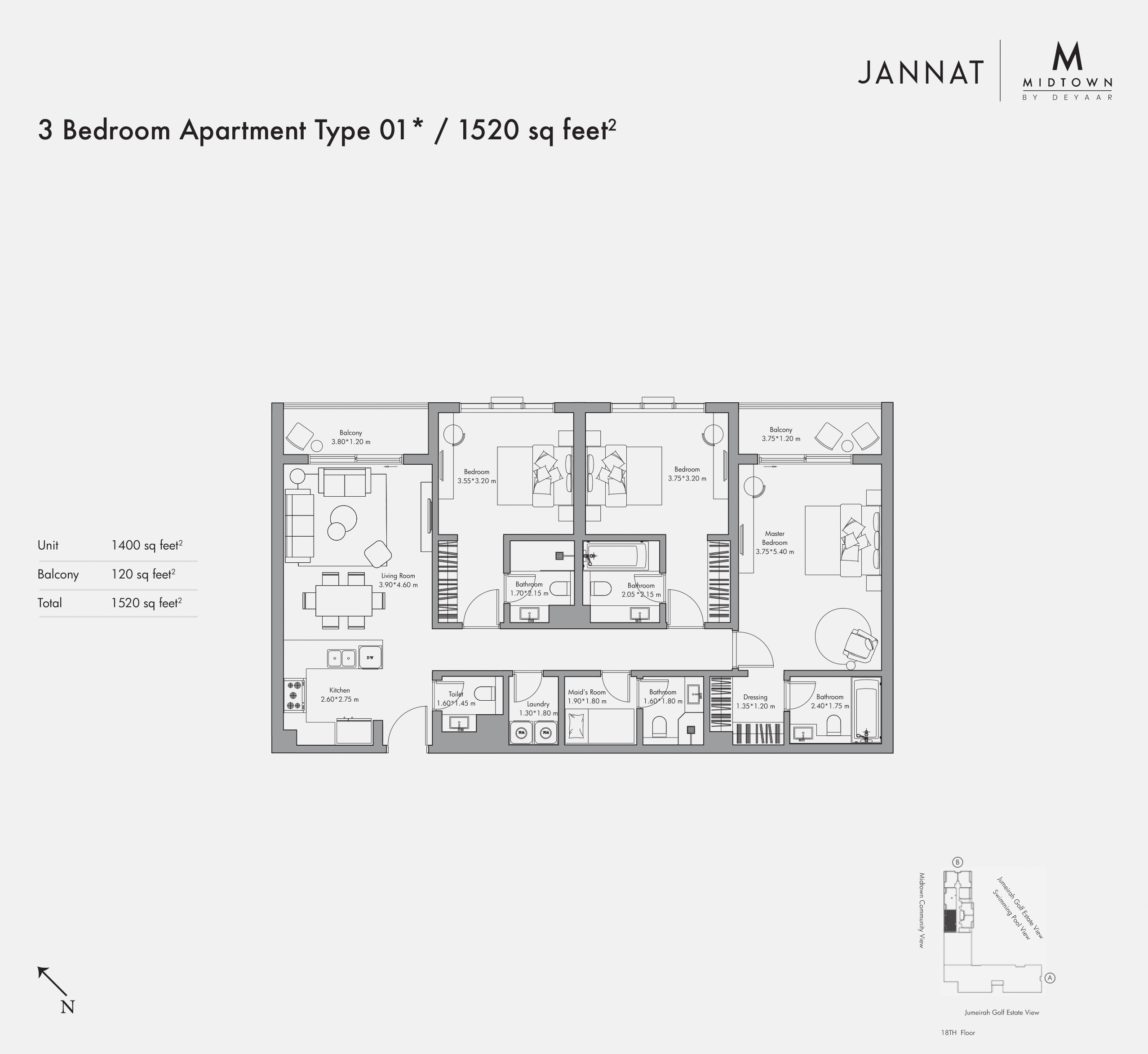 Jannat A, 3-Bed Floor Plan, type: