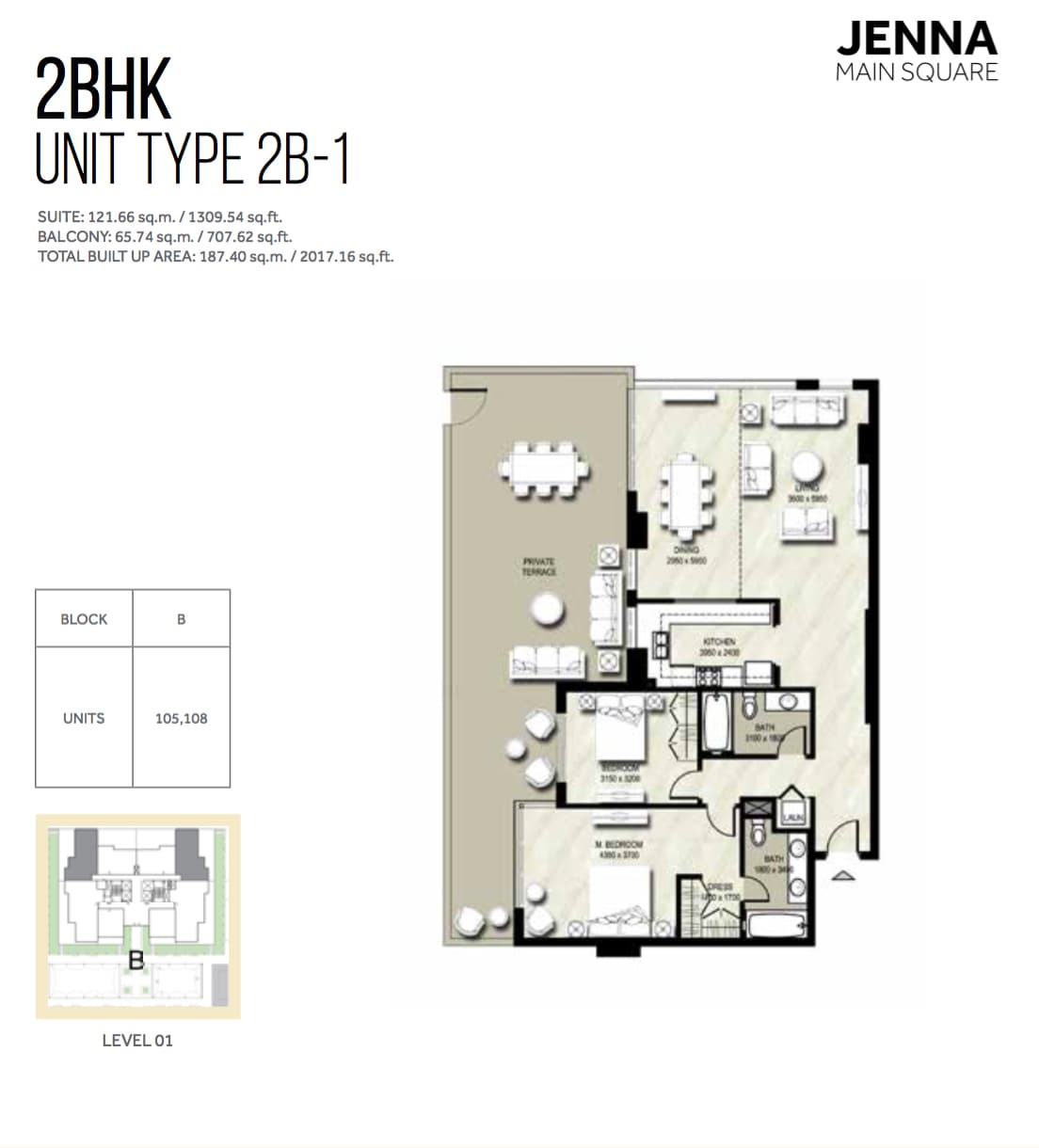 Jenna I, 2-Bed Floor Plan, type: 2BHK UNIT TYPE 2B-1