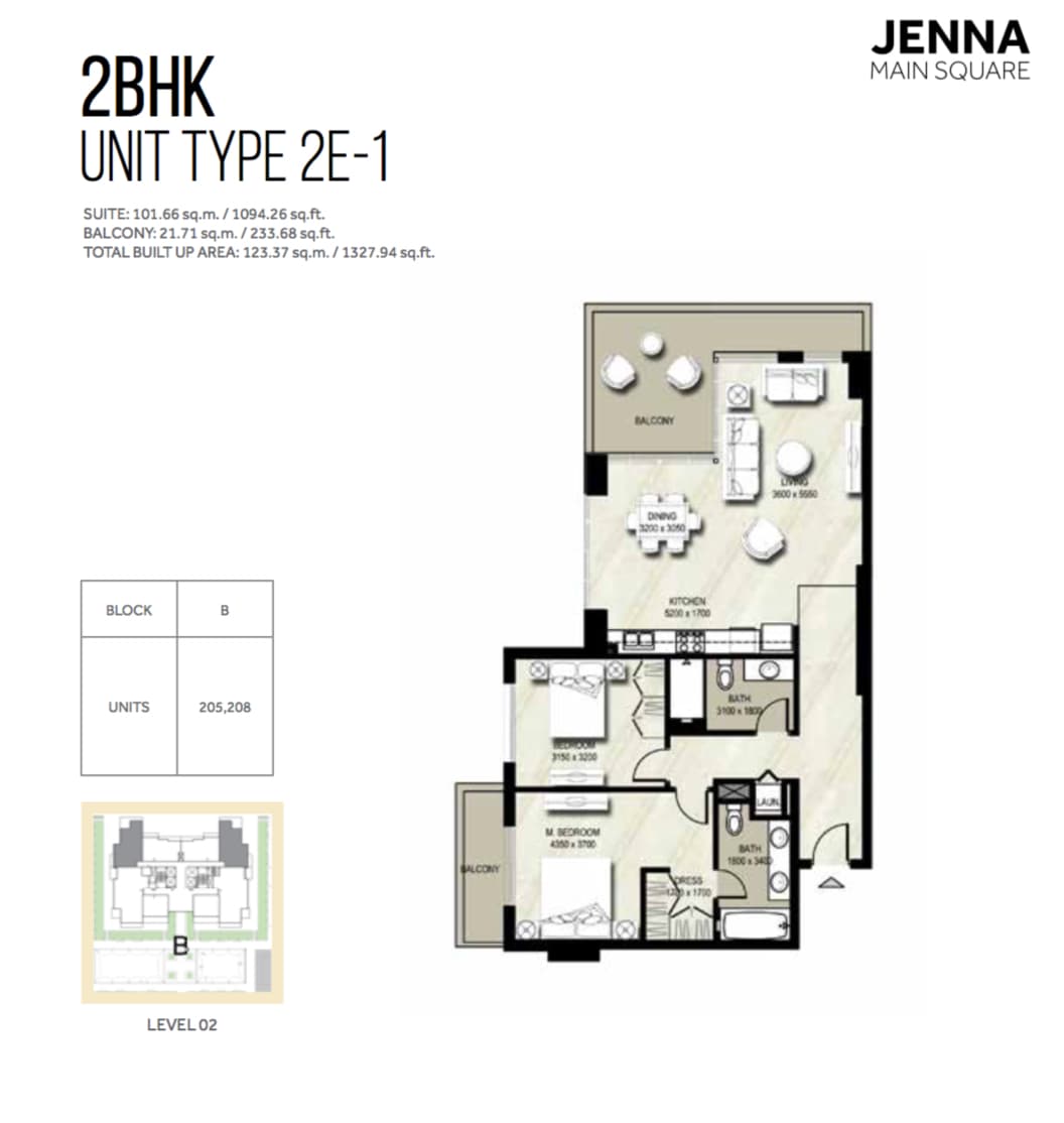 Jenna I, 2-Bed Floor Plan, type: 2BHK UNIT TYPE 2E-1