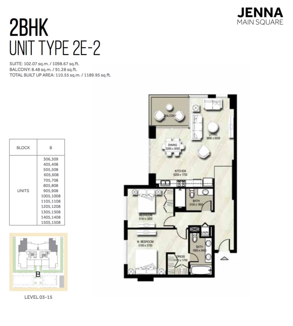 Jenna I, 2-Bed Floor Plan, type: 2BHK UNIT TYPE 2E-2