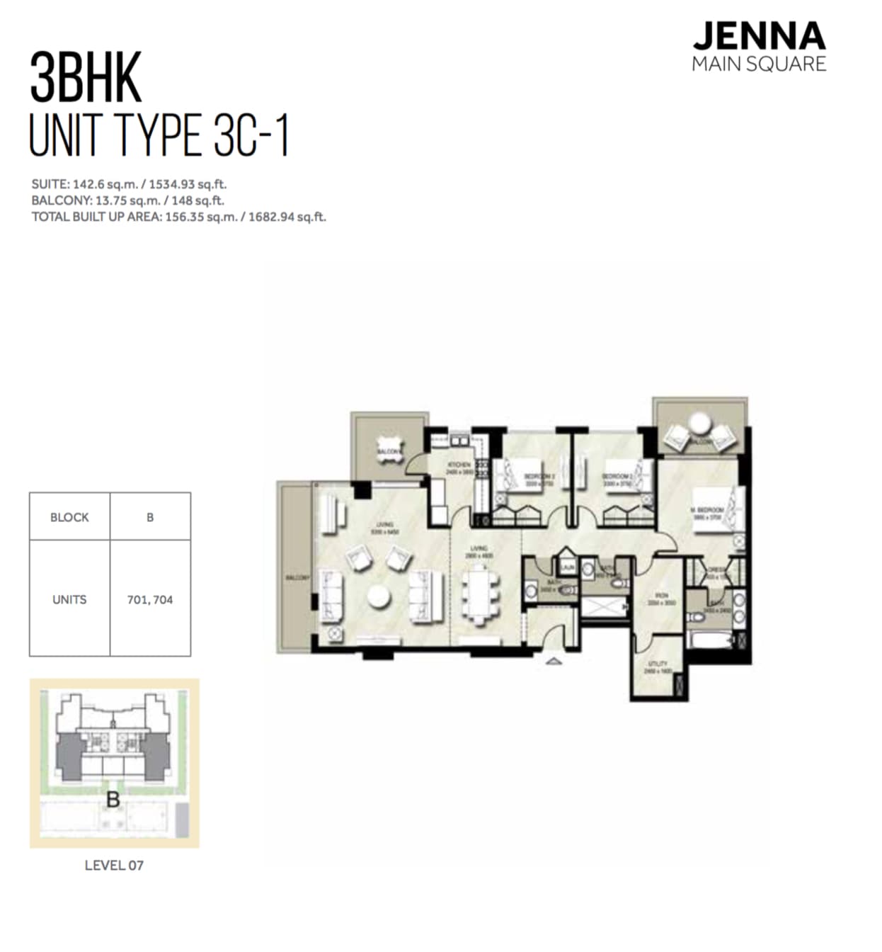 Jenna I, 3-Bed Floor Plan, type: 3BHK UNIT TYPE 3C-1