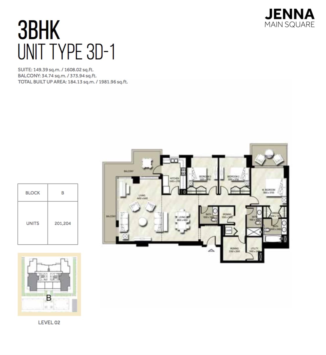 Jenna I, 3-Bed Floor Plan, type: 3BHK UNIT TYPE 3D-1