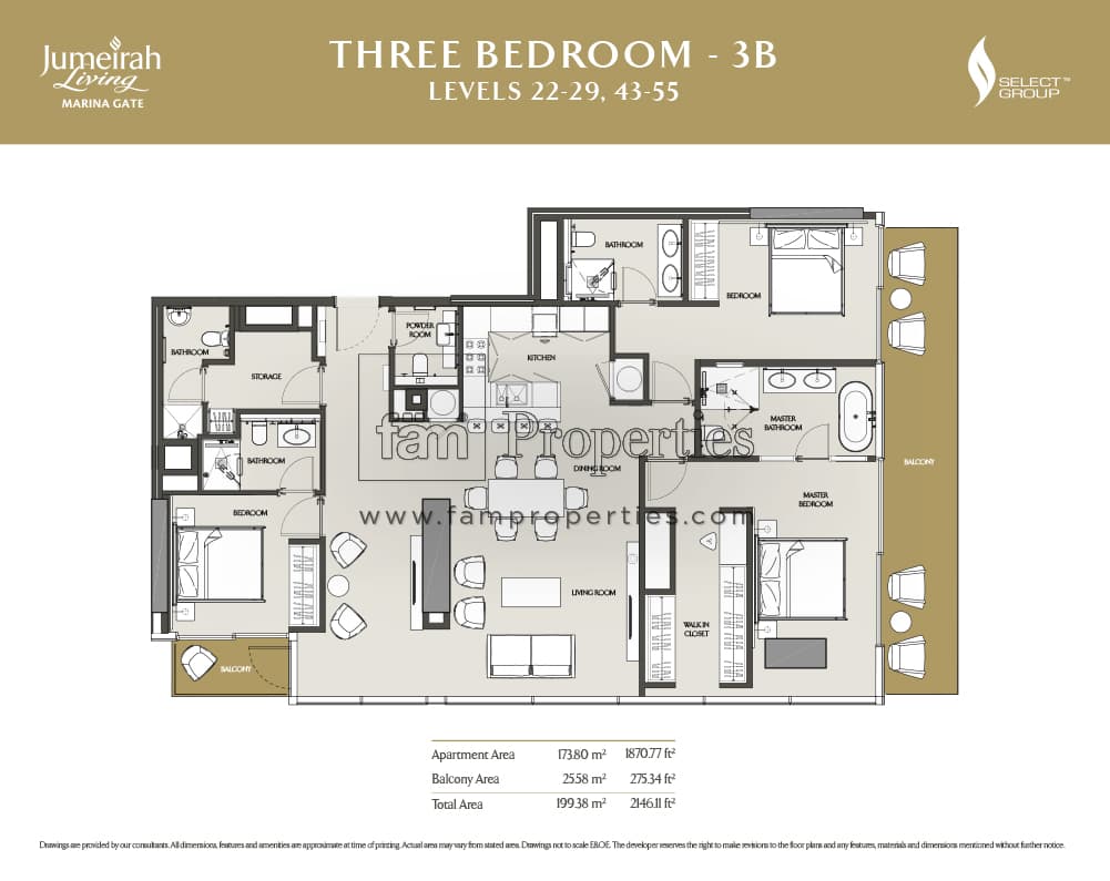 Jumeirah Living Marina Gate, 3-Bed Floor Plan, type: 3 Bedroom