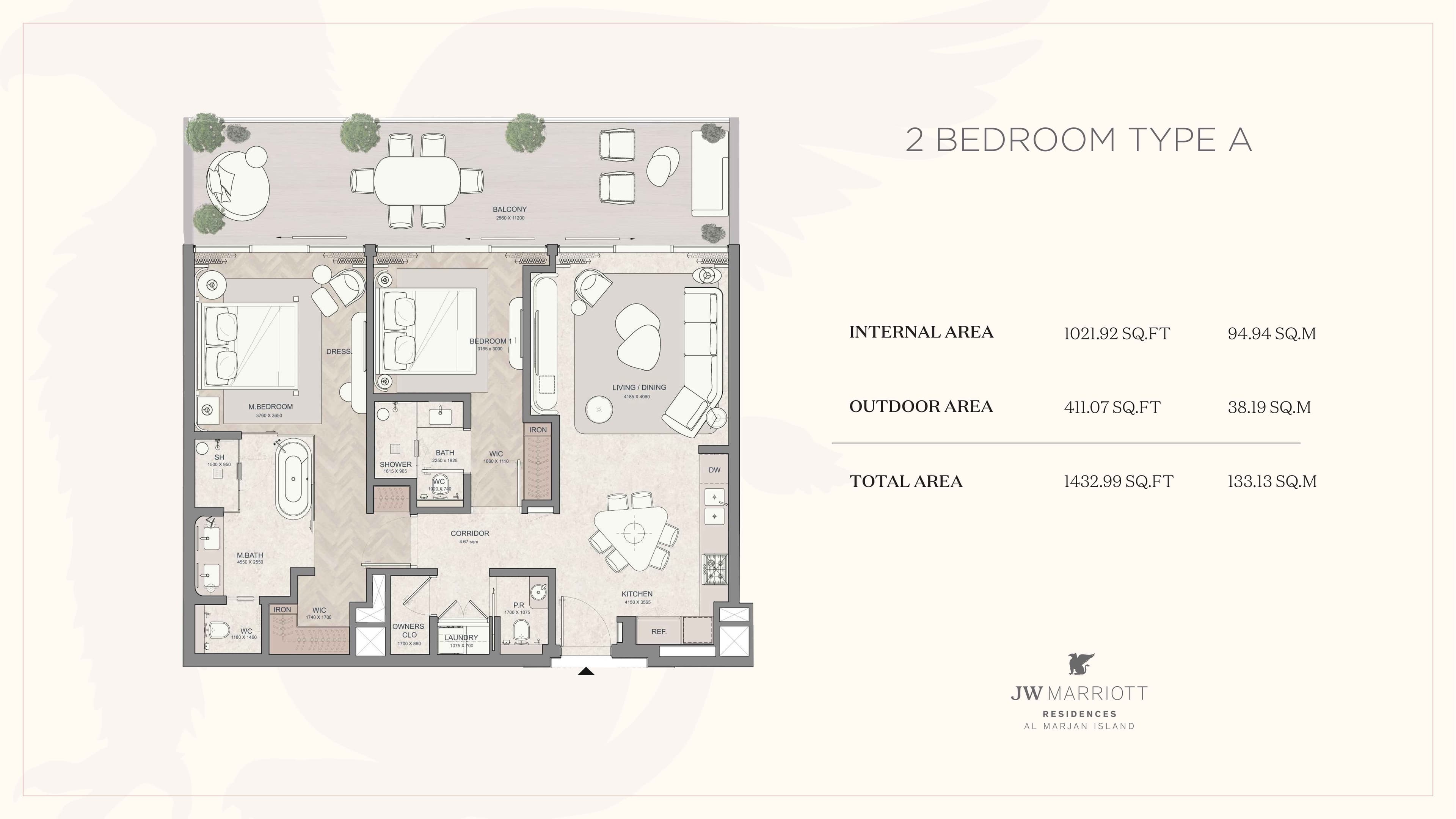 JW Mariott Residence, 2-Bed Floor Plan, type: 2BD-Type A