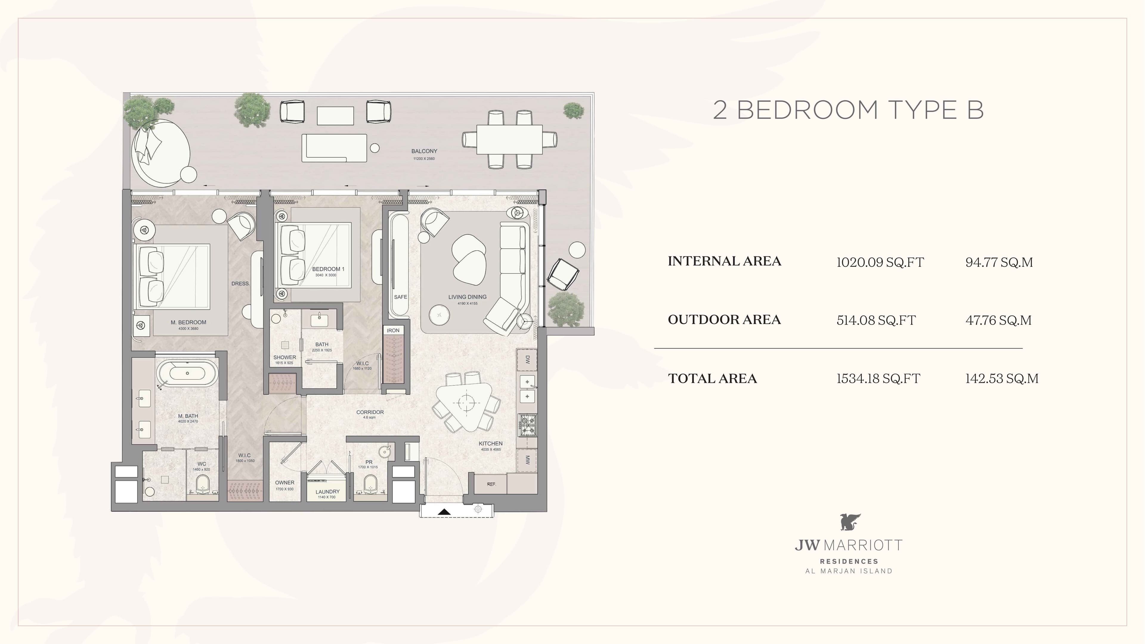 JW Mariott Residence, 2-Bed Floor Plan, type: 2BD-Type B