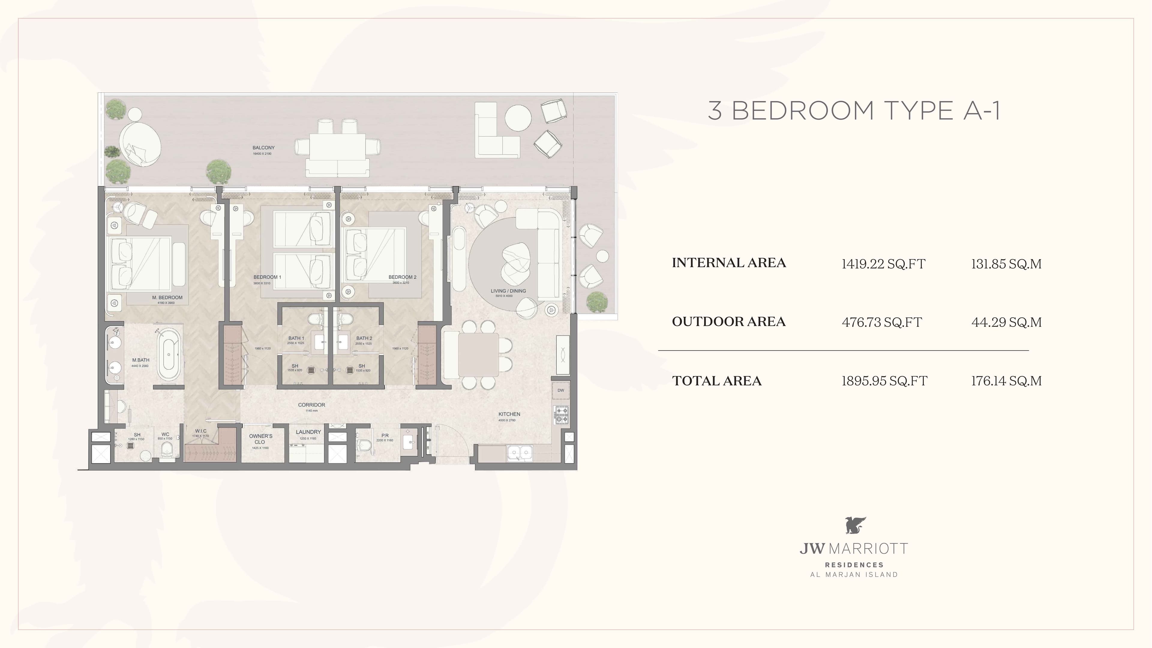 JW Mariott Residence, 3-Bed Floor Plan, type: 3BD-Type A-1