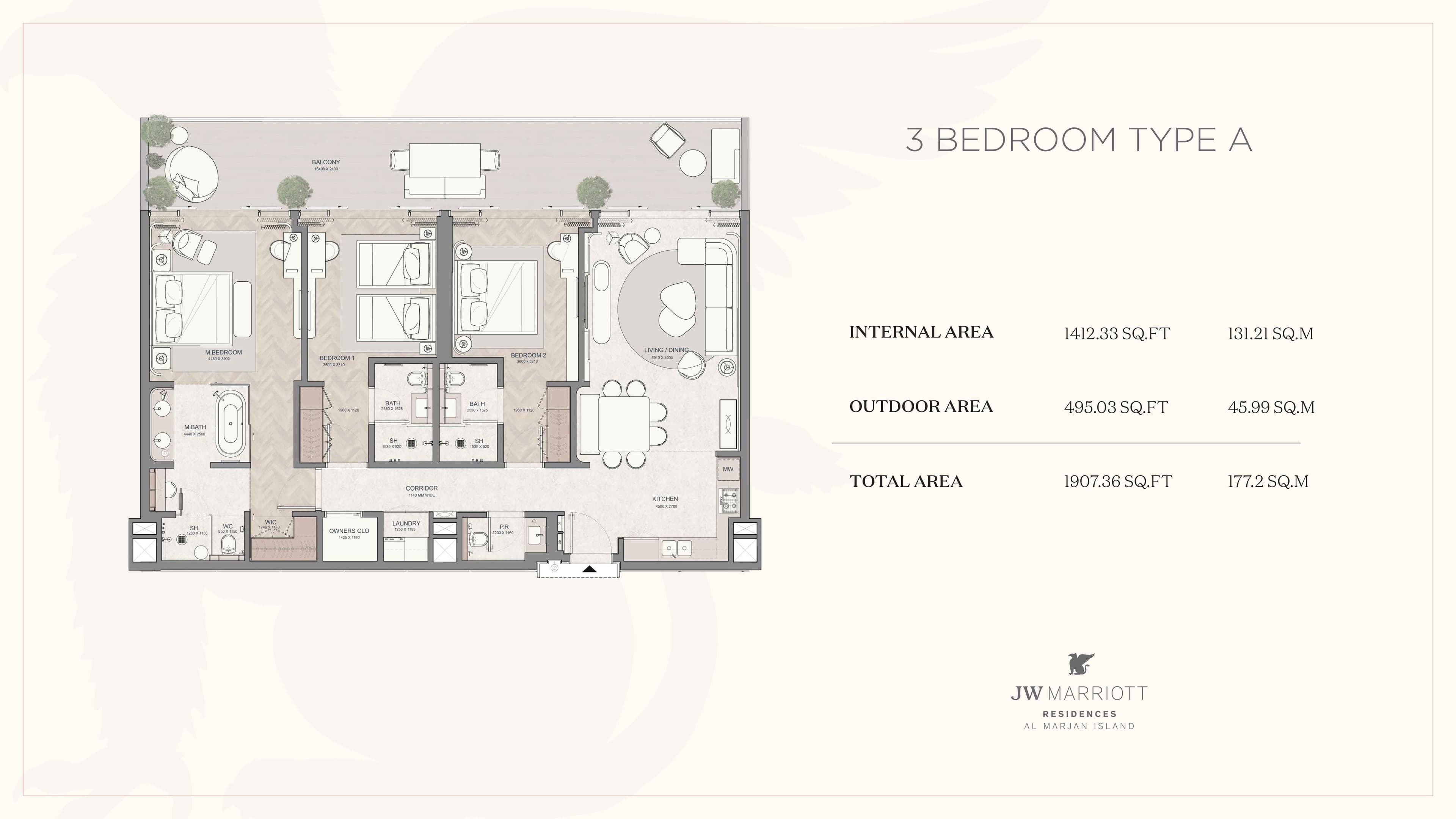 JW Mariott Residence, 3-Bed Floor Plan, type: 3BD-Type A