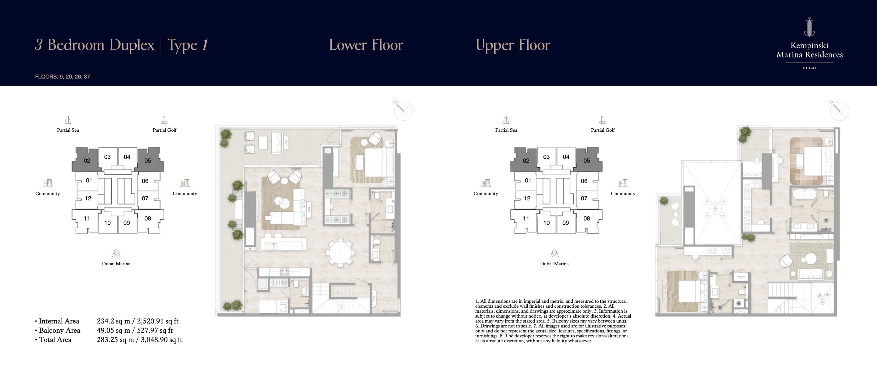 Kempinski Marina Residences, 3-Bed Floor Plan, type: 3BR Duplex - Type 1