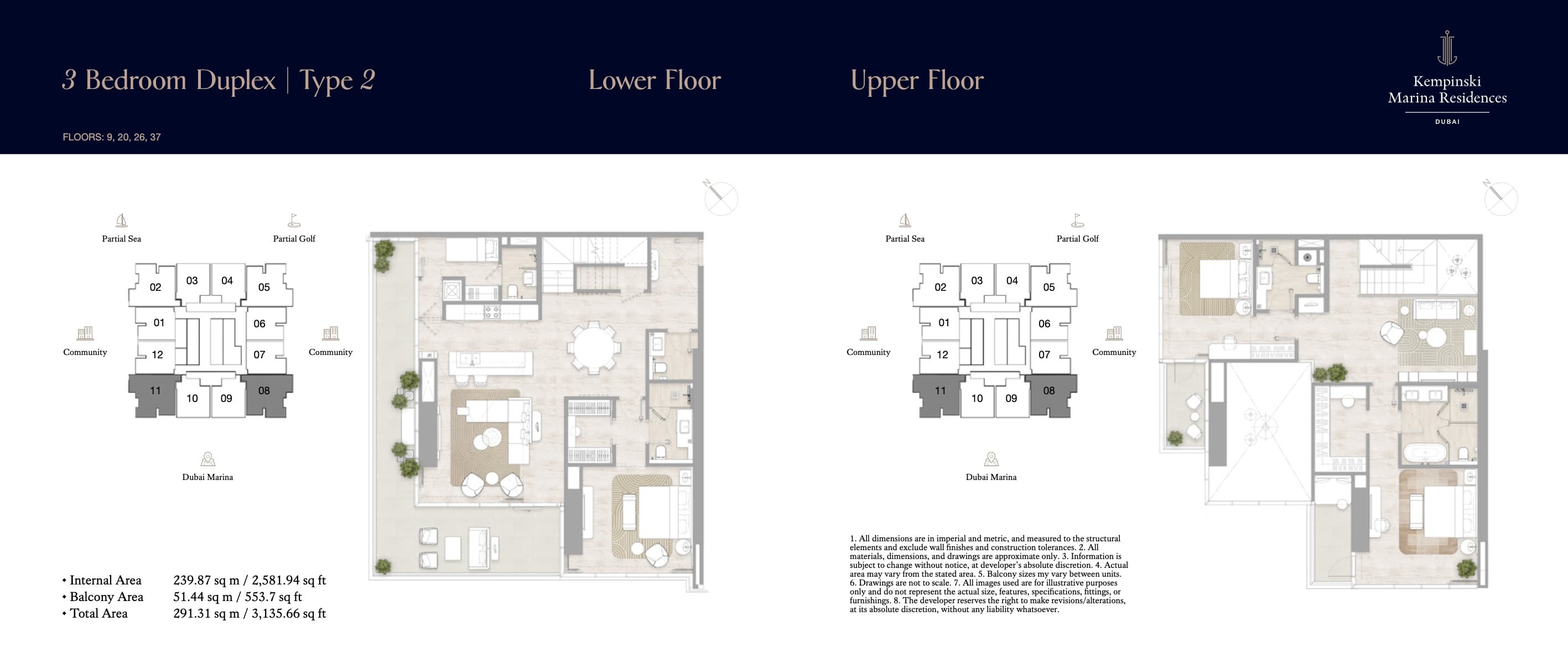 Kempinski Marina Residences, 3-Bed Floor Plan, type: 3BR Duplex - Type 2