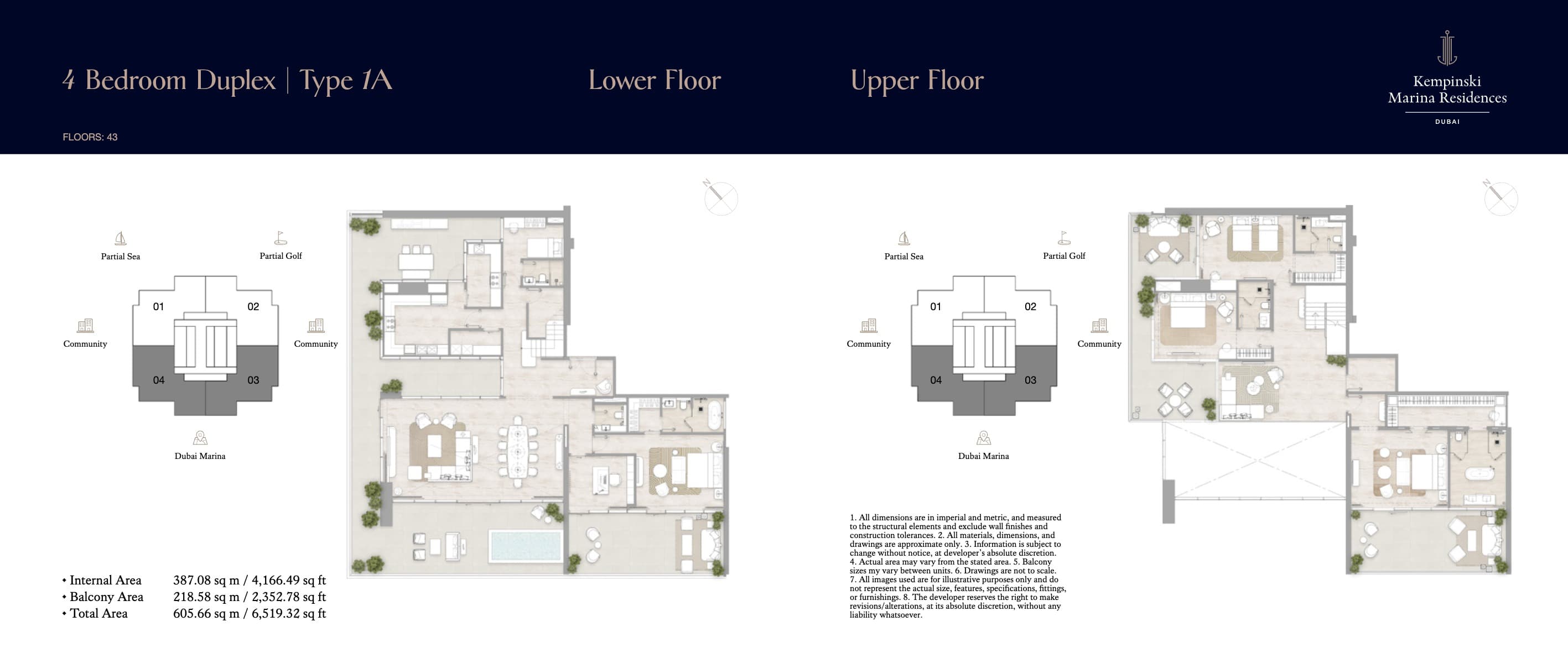 Kempinski Marina Residences, 4-Bed Floor Plan, type: 4BR Duplex - Type 1A