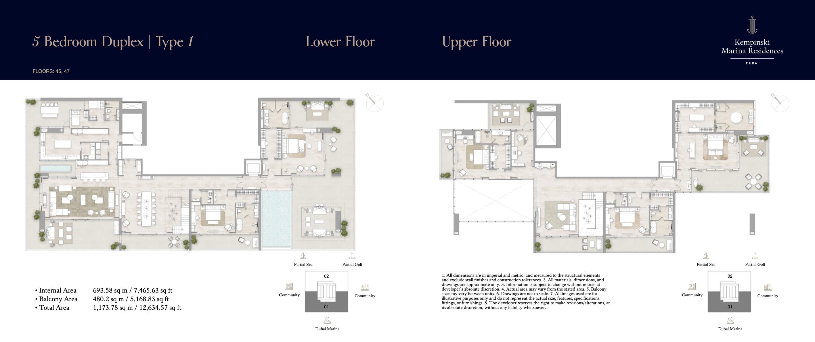 Kempinski Marina Residences, 5-Bed Floor Plan, type: 5BR Duplex - Type 1