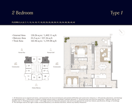 Kempinski Marina Residences, 2-Bed Floor Plan, type: 2BR - Type 1