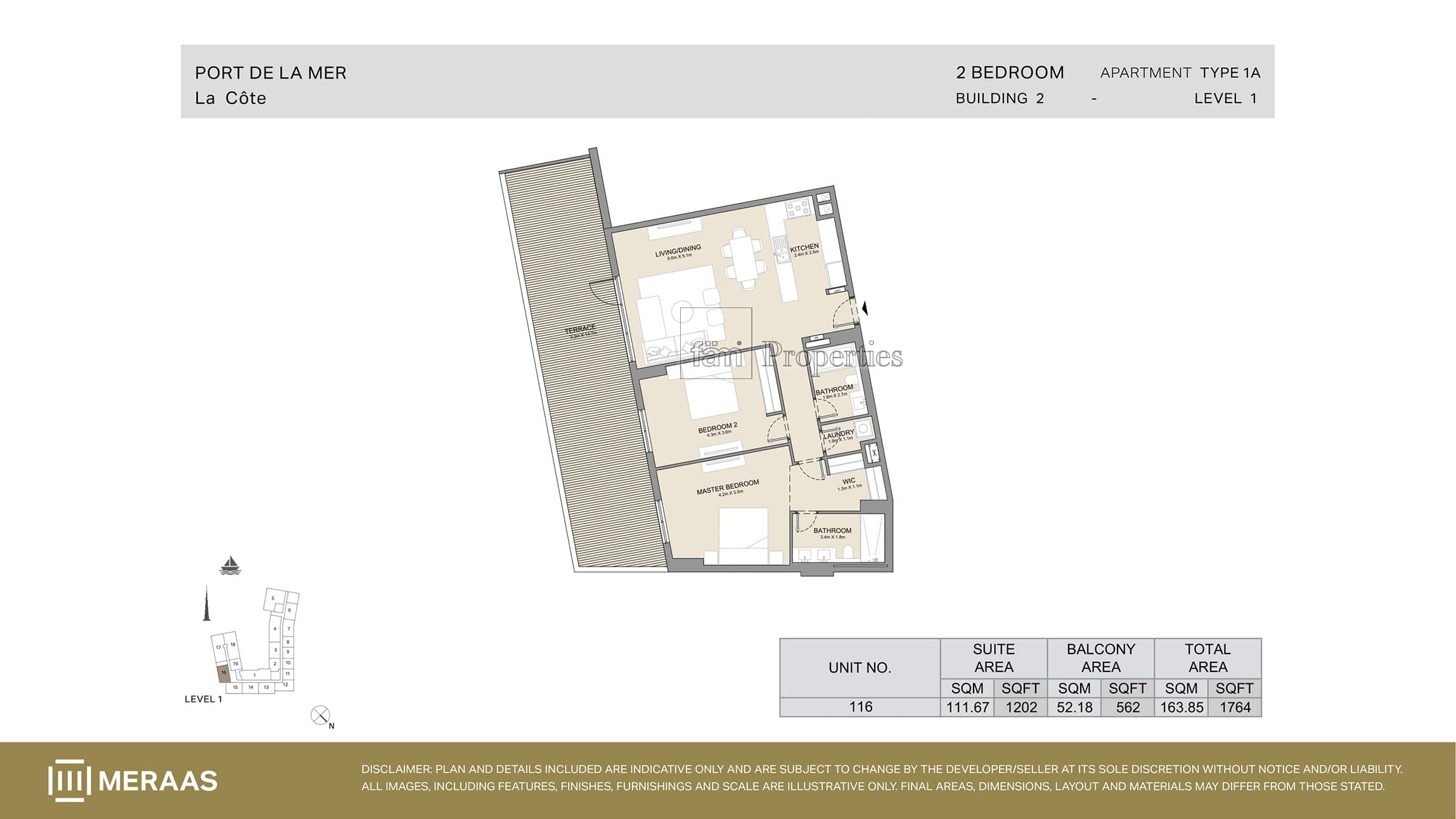 La Cote Building 1, 2-Bed Floor Plan, type: Type 1A